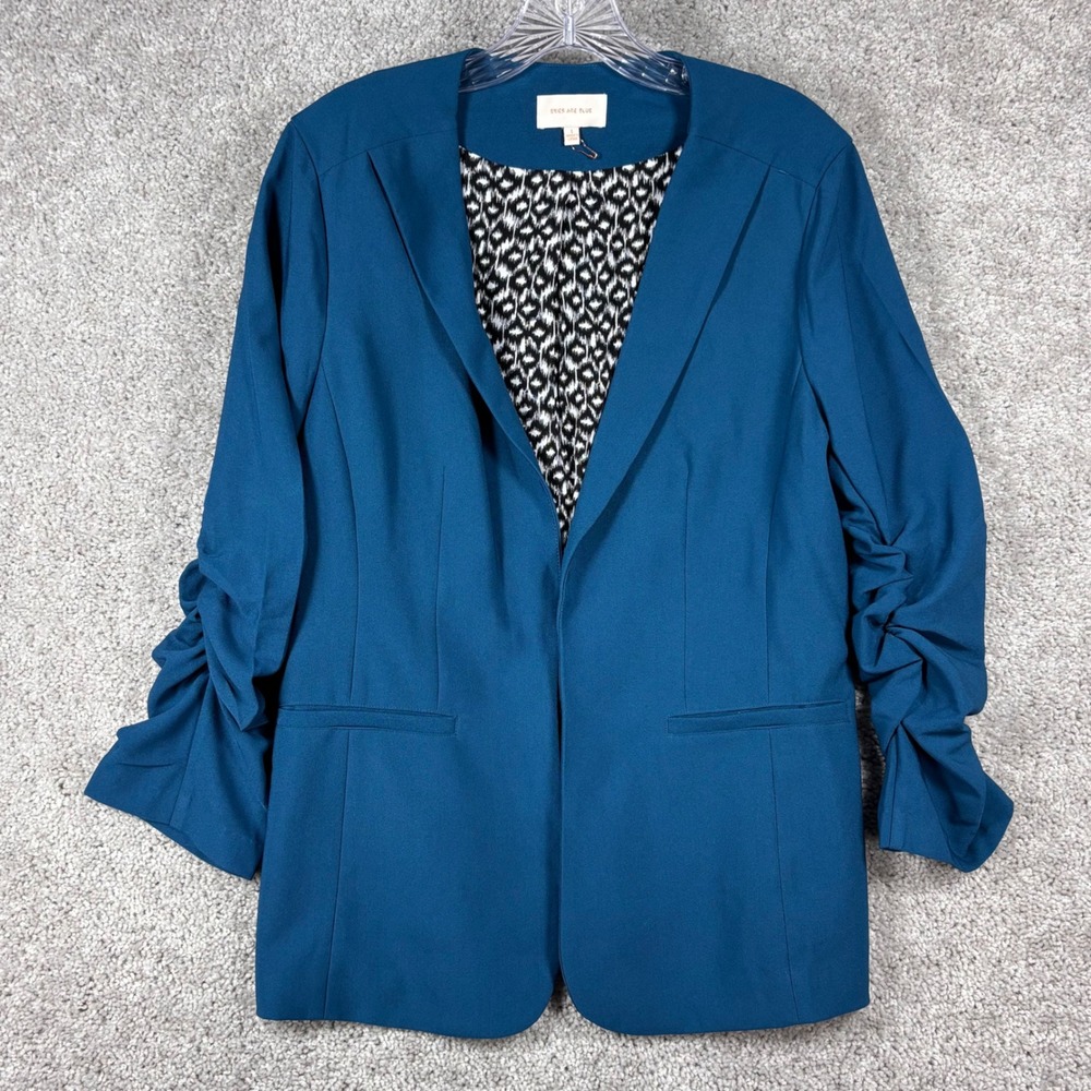 Skies Are Blue Womens Teal Blue Ruched Sleeve Open Front Blazer Jacket Large